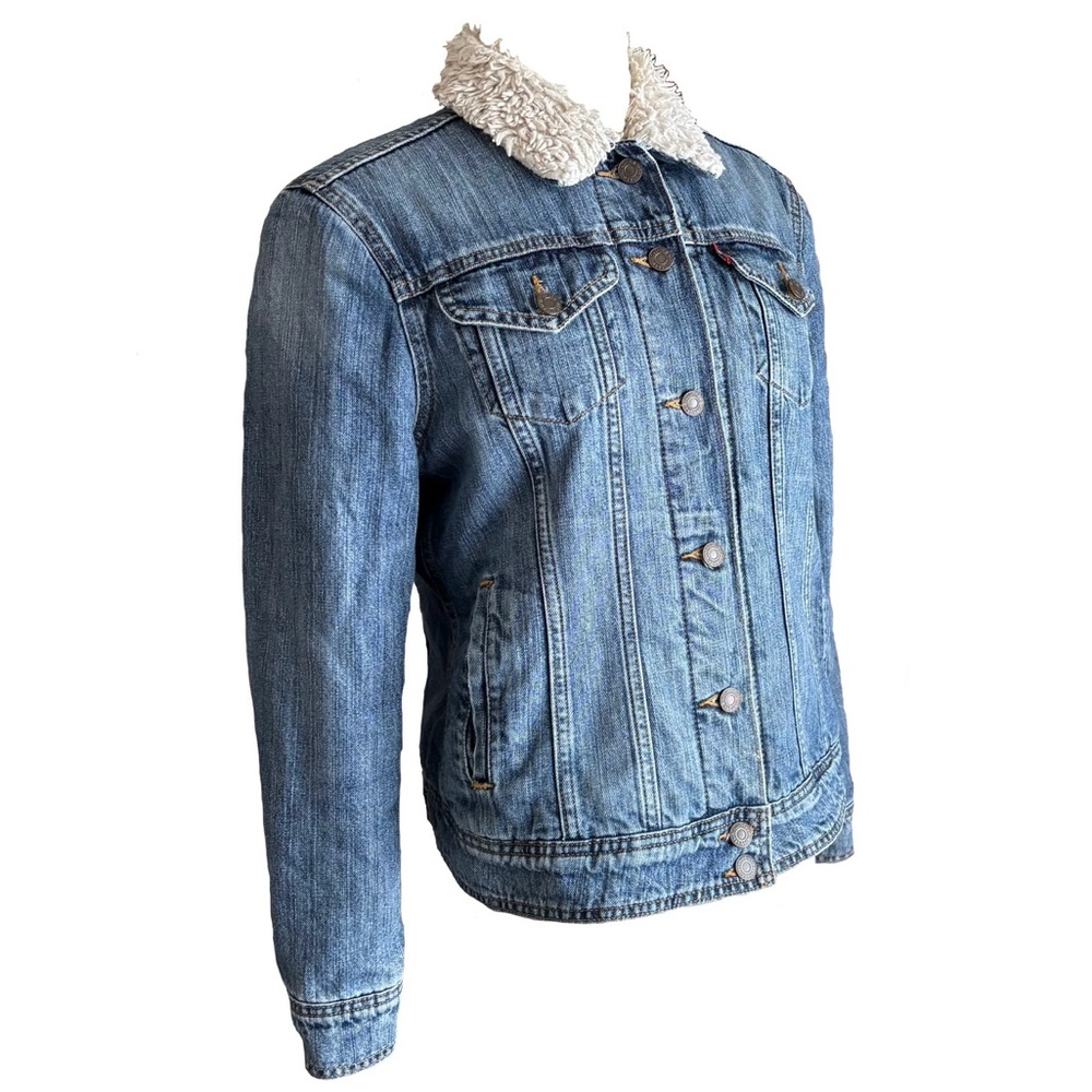 Levi’s Blue Denim Jacket w/ White Fur Collar – Women’s Size Large Y2K Going Out